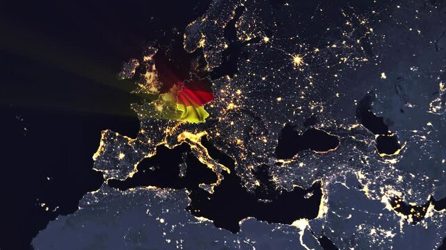 Realistic Digital Earth Night Orbit and Zoom Shining Country Flag Embedded in Borders Germany