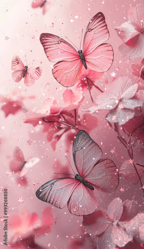Poster soft pink background with sparkling butterflies and delicate flowers creating a dreamy and enchantin