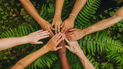 Top view of diverse multiethnic multiracial hands of different people gathered together around the plant