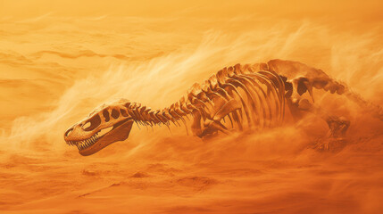 A dinosaur skeleton partially buried in sand, with a gust of wind blowing dust across the scene....