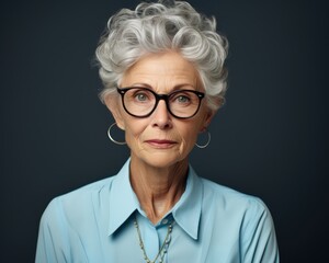 Fototapeta premium Elegant elderly woman 60s with glasses. Beautiful elderly model, businesswoman