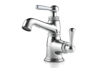 a drop of water falling from a tap, with another on the ground, on a white background Your text on right space.