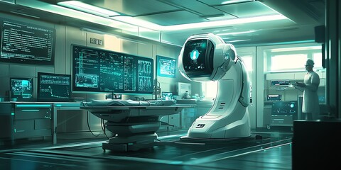 Futuristic operating room with robotic arm, screens displaying data, and a surgeon standing in the background.