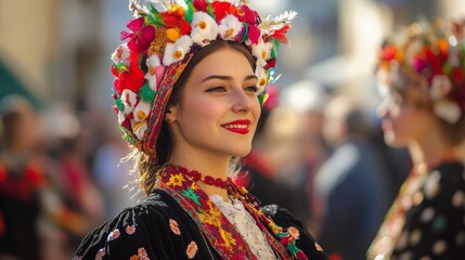 Fototapeta premium Vibrant Croatian Woman in Traditional Costume at Carnival Street Parade
