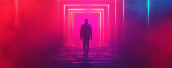 Silhouette of a person walking through a neon-lit foggy corridor.