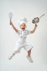 Naklejka premium Happy young boy wearing white chef's uniform,jumping in air with cooking utensils,white background