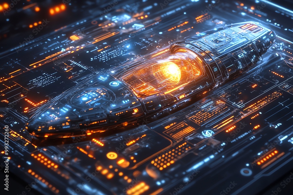 Poster futuristic spaceship with glowing orange core on a digital interface.