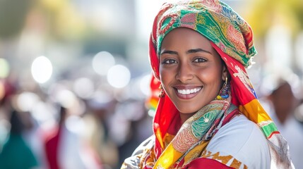 Celebrating Independence: Eritrean Woman in Traditional Garb at Parade in City Street Amid Festive Crowd under Daylight Sky