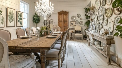 Obraz premium An elegant yet cozy farmhouse dining area with white washed wood floors