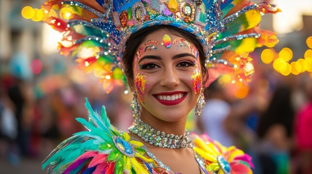 Vibrant Uruguayan Woman in Carnival Costume During Street Parade with Festive Crowd Under Bright Outdoor Lighting - Powered by Adobe