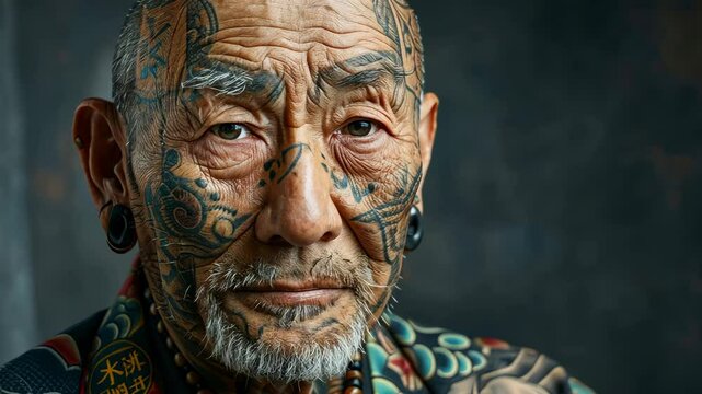An elderly man with a full face of tattoos stares directly at the camera