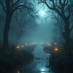 Foggy haunted Halloween swamp with glowing will o wisps