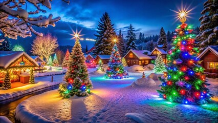 Festive Lights Illuminating a Winter Wonderland Creating a Magical Holiday Atmosphere at Night