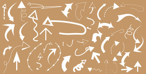 Hand drawn thin line arrows set. Arrow icon. Doodle arrow. Collection different arrows sign. Many vector curvy and wavy arrows isolated on white background.
