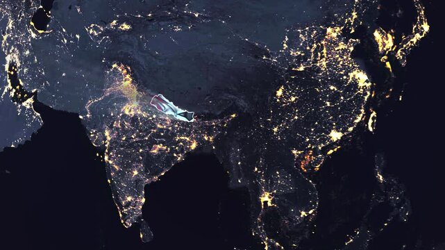 Realistic Digital Earth Night Orbit and Zoom Shining Country Flag Embedded in Borders Nepal