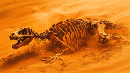 A dinosaur skeleton partially buried in sand, with a gust of wind blowing dust across the scene. The ribs and skull are prominently displayed