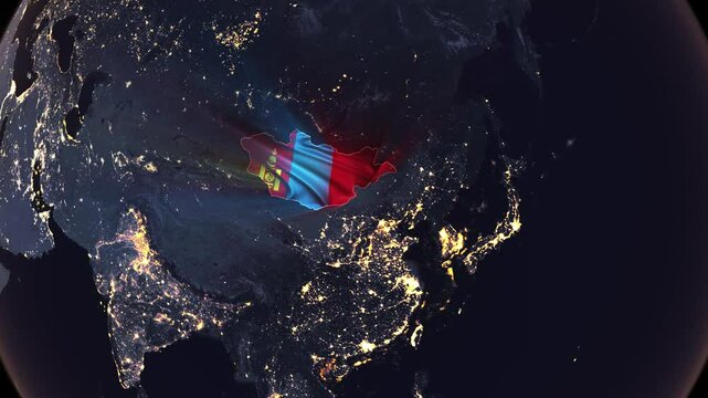 Realistic Digital Earth Night Orbit and Zoom Shining Country Flag Embedded in Borders Mongolia