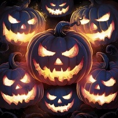 Fototapeta premium Jack-o'-lantern faces glowing with eerie light in the dark