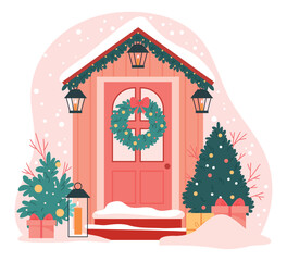 The front door is decorated for Christmas.House entrance decorated with Xmas wreath, lanterns on porch, festive ornaments and snow on winter holiday.
