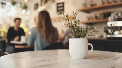 Happy couple having coffee in modern minimalist cafe,laughing and smiling at table ,copy space.