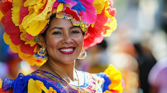 Festive Venezuelan Woman at Feria del Sol Parade in Vibrant Costume Under Sunlight