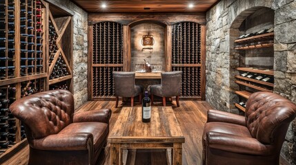 Rustic farmhouse wine cellar with stone walls