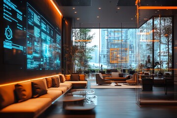 Modern office lounge with large window overlooking a city street, featuring a digital display with glowing blue data.