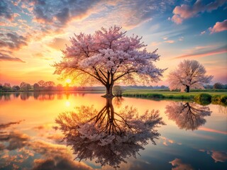 Naklejka premium pastel soft pink peach warm sunrise glowing tree blossoms blooming delicate tender petals mirrored calm water peaceful countryside scenery idyllic romantic ambiance