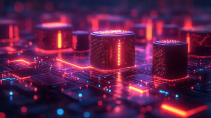 cyber security illustration depicting data transfer with vibrant visual elements symbolizing protection and connectivity in a digital landscape framed by techinspired graphics