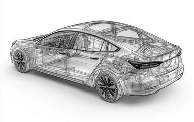 Fototapeta premium Unveiling Automotive Innovation: A transparent 3D blueprint of a modern sedan, showcasing intricate design and engineering details. Future of mobility.
