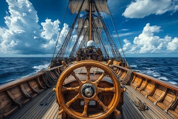 Sailing Ship Photo -  Wooden Steering Wheel, Ocean Waves, and Clouds