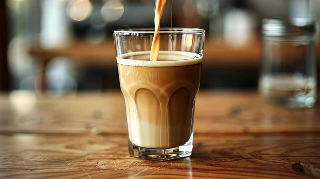 Coffee is being poured into a glass on a wooden table