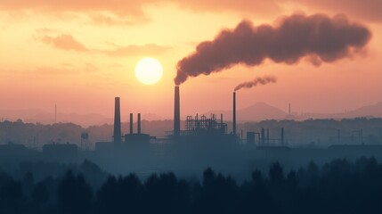 Naklejka premium Industrial Landscape at Sunset with Smoke Emission