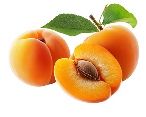 Fresh Whole and Halved Apricots on transparent background