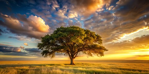 Solitary giant tree standing tall proud vigorous solitary giant tree standing alone in vast open countryside landscape vast open sky warm golden afternoon