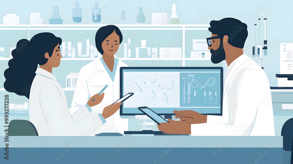 Poster three scientists collaborating in a lab setting