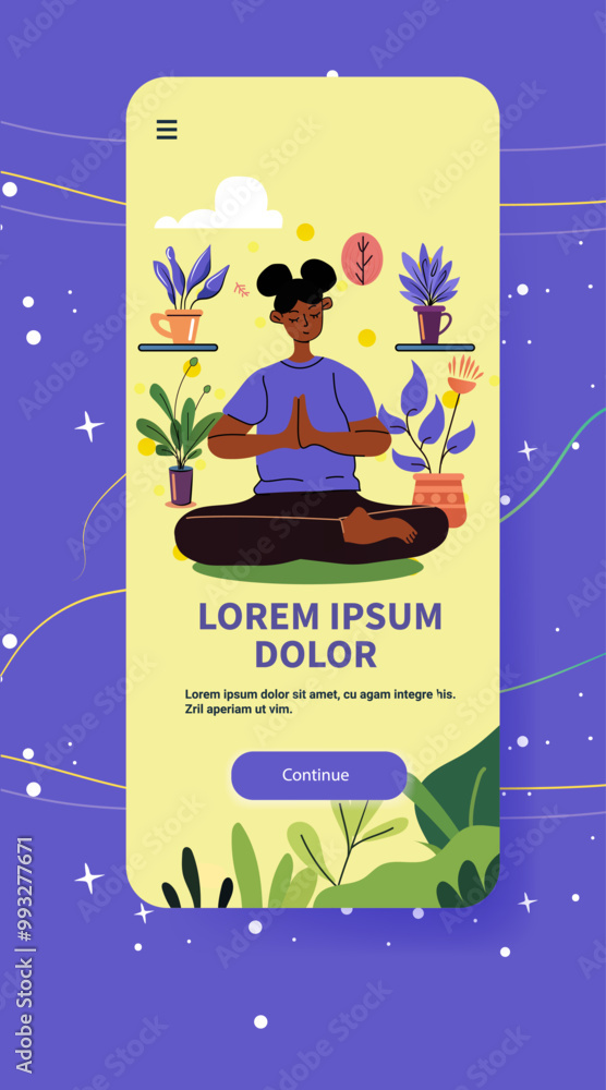 Poster meditation app screen design depicting a person in a meditative pose surrounded by plants colorful b