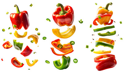 Floating bell pepper slices in air on isolated transparent background