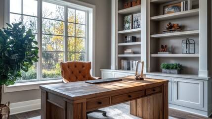 Sophisticated farmhouse home office with a wooden desk