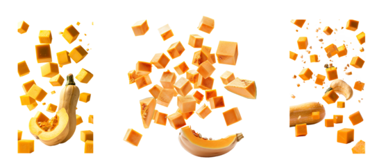 Floating butternut squash cubes in air on isolated transparent background