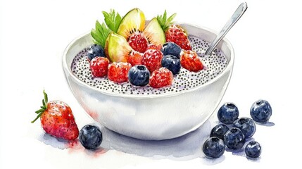 Watercolor illustration of chia pudding topped with fresh berries and kiwi slices in a bowl on a white background