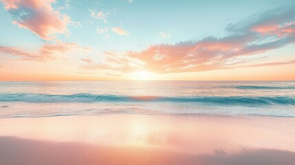 Serene Beach Sunrise with Soft Pastel Colors, Calm Ocean Waves, and a Tranquil Horizon for Perfect Relaxation, Vacation, or Background Inspiration in Nature's Beauty