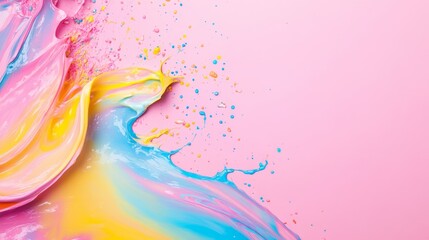 Abstract colorful liquid swirls and splashes in vibrant rainbow colors on a pink background with space for text