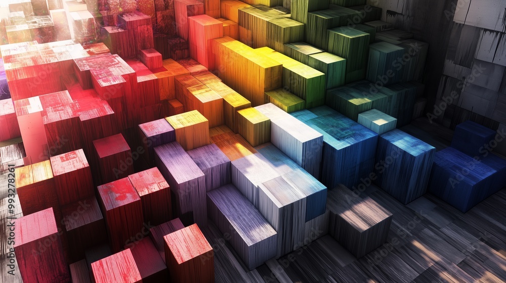 Poster colorful abstract arrangement of cubes in a gradient pattern, illuminated by natural light, creating