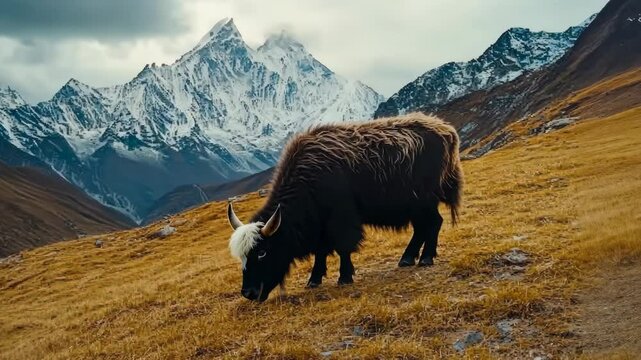 A yak grazes on a grassy hillside in the shadow of a snow-capped mountain