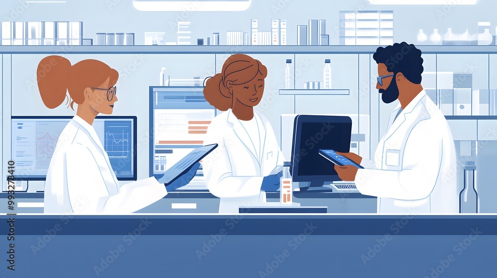 Poster three scientists in a laboratory setting, working on data analysis and research
