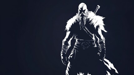 White silhouette of a Viking warrior with a sword on his back, standing in a powerful stance against a dark background