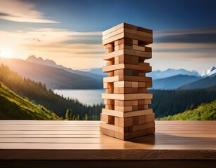 Enjoy a game of Jenga with a breathtaking view: A tall tower of wooden blocks, set against a stunning backdrop of mountains