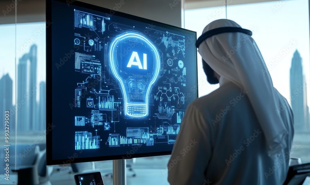 Poster man looking at ai lightbulb on monitor.