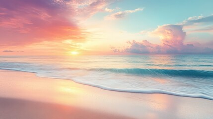 Serene Beach Sunrise with Soft Pastel Colors, Calm Ocean Waves, and a Tranquil Horizon for Perfect Relaxation, Vacation, or Background Inspiration in Nature's Beauty